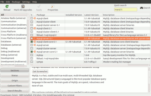 Open Synaptic Package Manager and search for 'mysql' or 'mysql 5' and select the packages(client and server) you need.